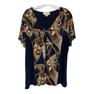 Diana Belle Women’s Plus 2X Blouse – Navy Chain & Snakeskin Print Top Short Slee